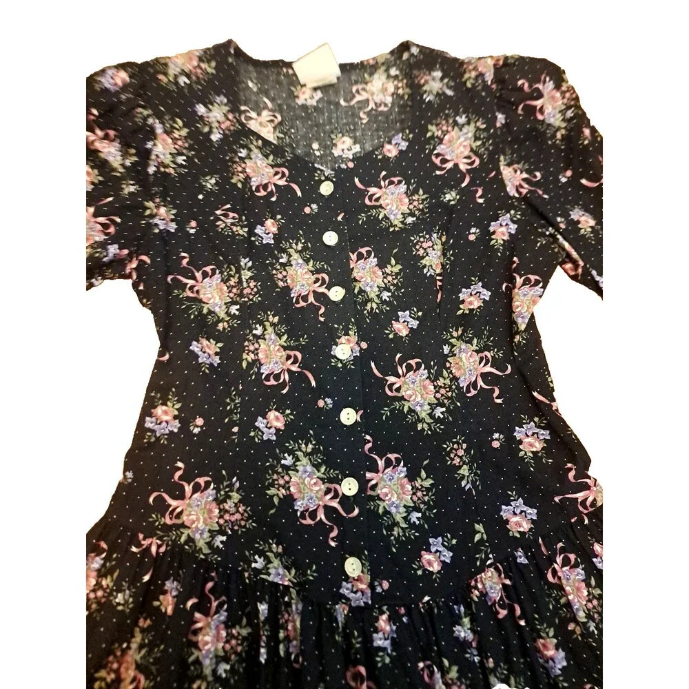 Vintage 90s Drop Waist Dress Black Floral Button Front Pockets Coquette Twee L